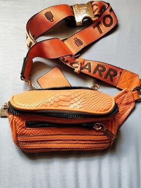 Orange Textured Snake-Effect Belt Bag with Branded Strap